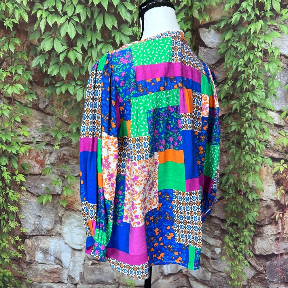 FATE Mixed Media Half-Placket Patchwork Blouse, S - image 5